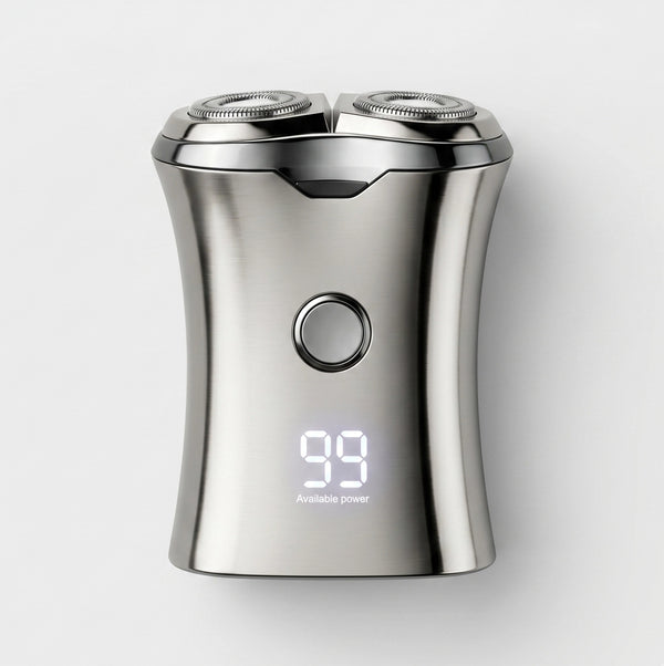 Silver electric shaver with digital display on a white background