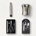 Set of grooming tools including a manual nose trimmer, beard shaver, peidicure kit, and manicure kit on a white background