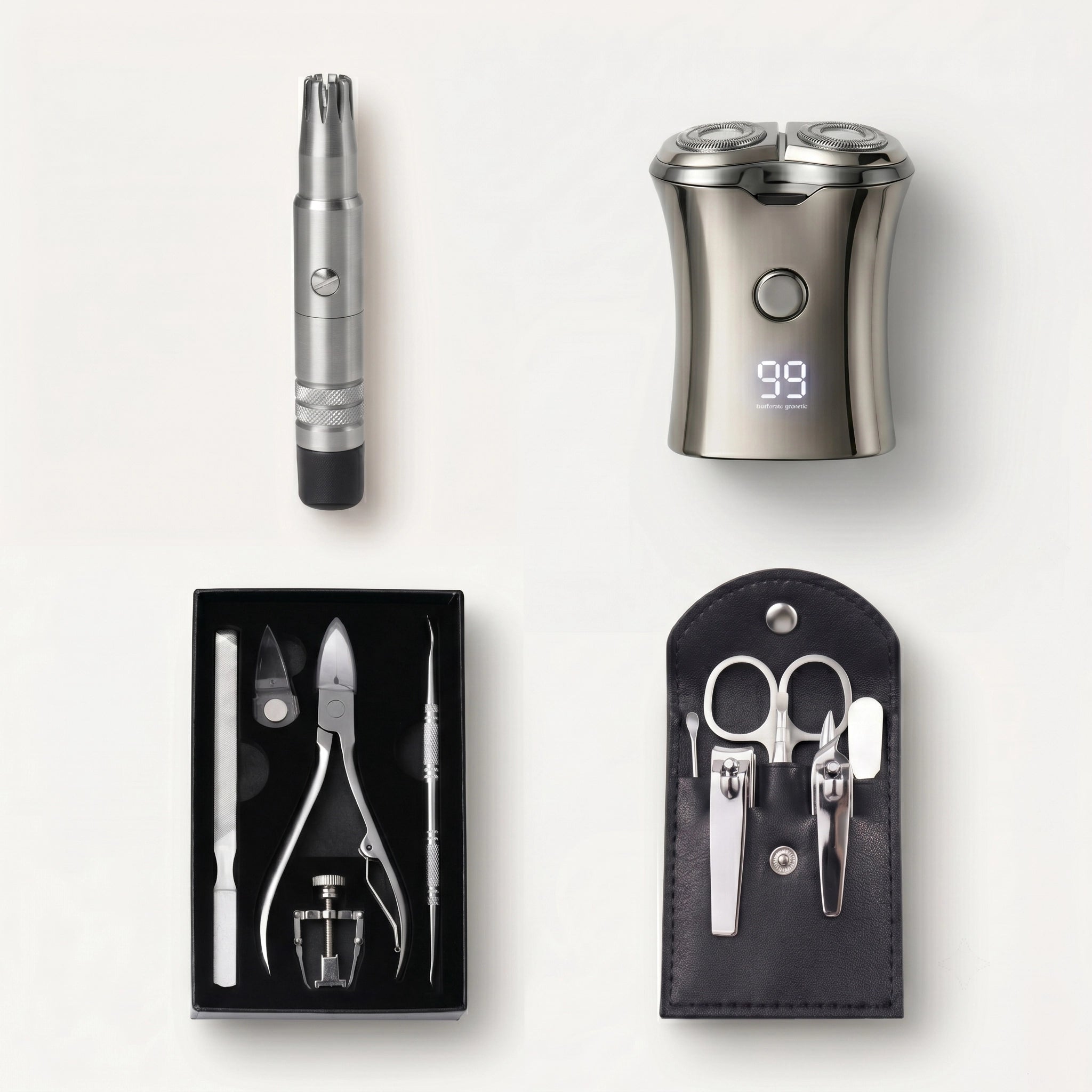 Set of grooming tools including a manual nose trimmer, beard shaver, peidicure kit, and manicure kit on a white background